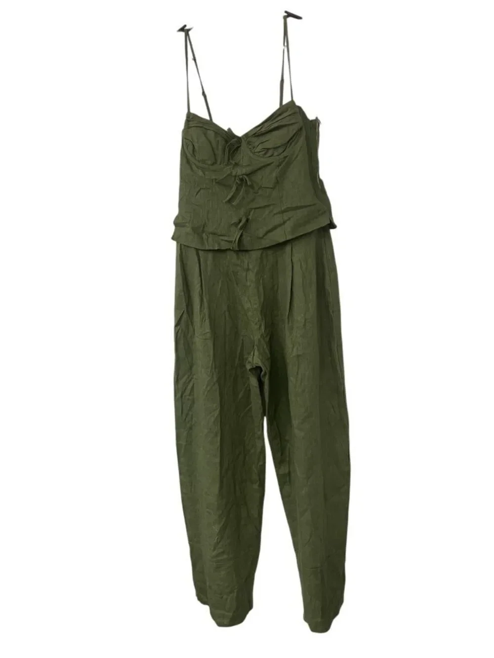 Zara Womens Jumpsuit M Green Linen Blend Wide Leg Sleeveless Bows 8447/734 NWT